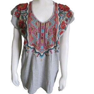 Johnny Was Elianna Gray Floral Embroidered Boho Cap Sleeve Cotton Blouse SZ S